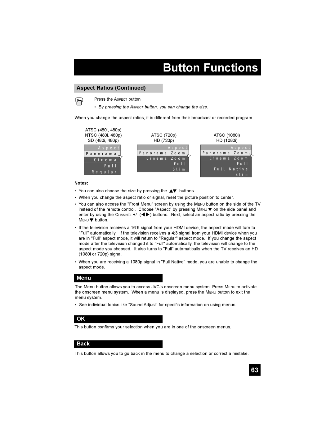 JVC RM-C1450 manual Menu, Back, By pressing the Aspect button, you can change the size 