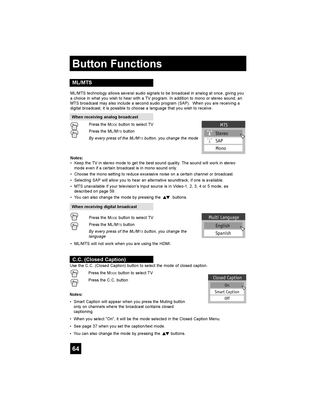 JVC RM-C1450 manual When receiving analog broadcast, By every press of the M L/M TS button, you change the mode 