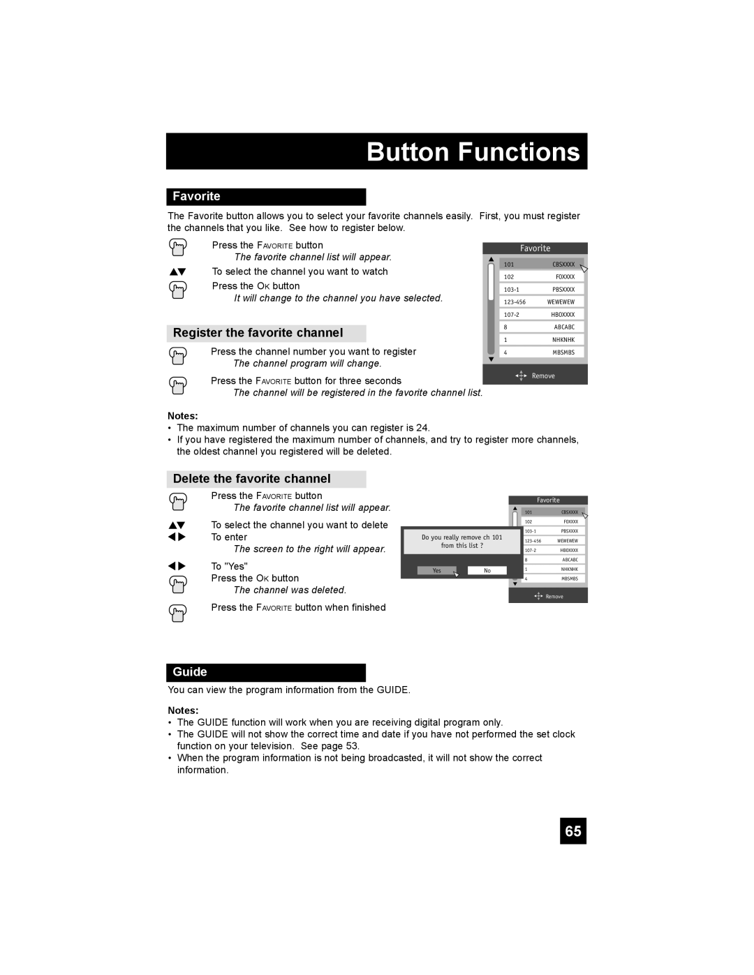 JVC RM-C1450 manual Favorite, Register the favorite channel, Delete the favorite channel, Guide 