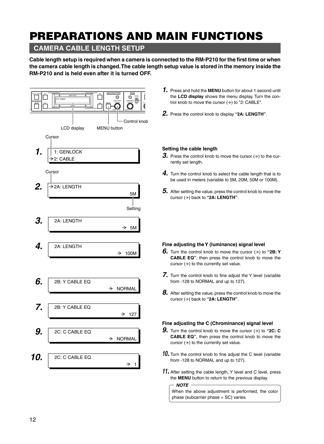 JVC RM-P210 manual Preparations and Main Functions, Camera Cable Length Setup, Setting the cable length 