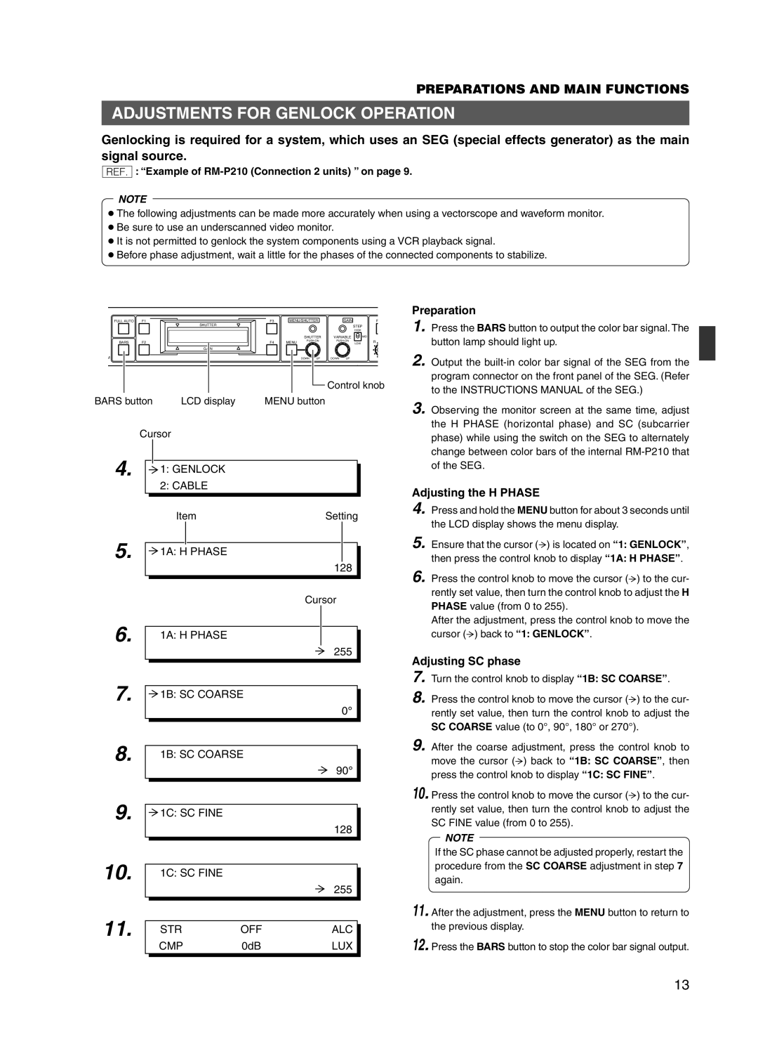 JVC RM-P210 manual Adjustments for Genlock Operation, Preparation, Adjusting the H Phase, Adjusting SC phase 