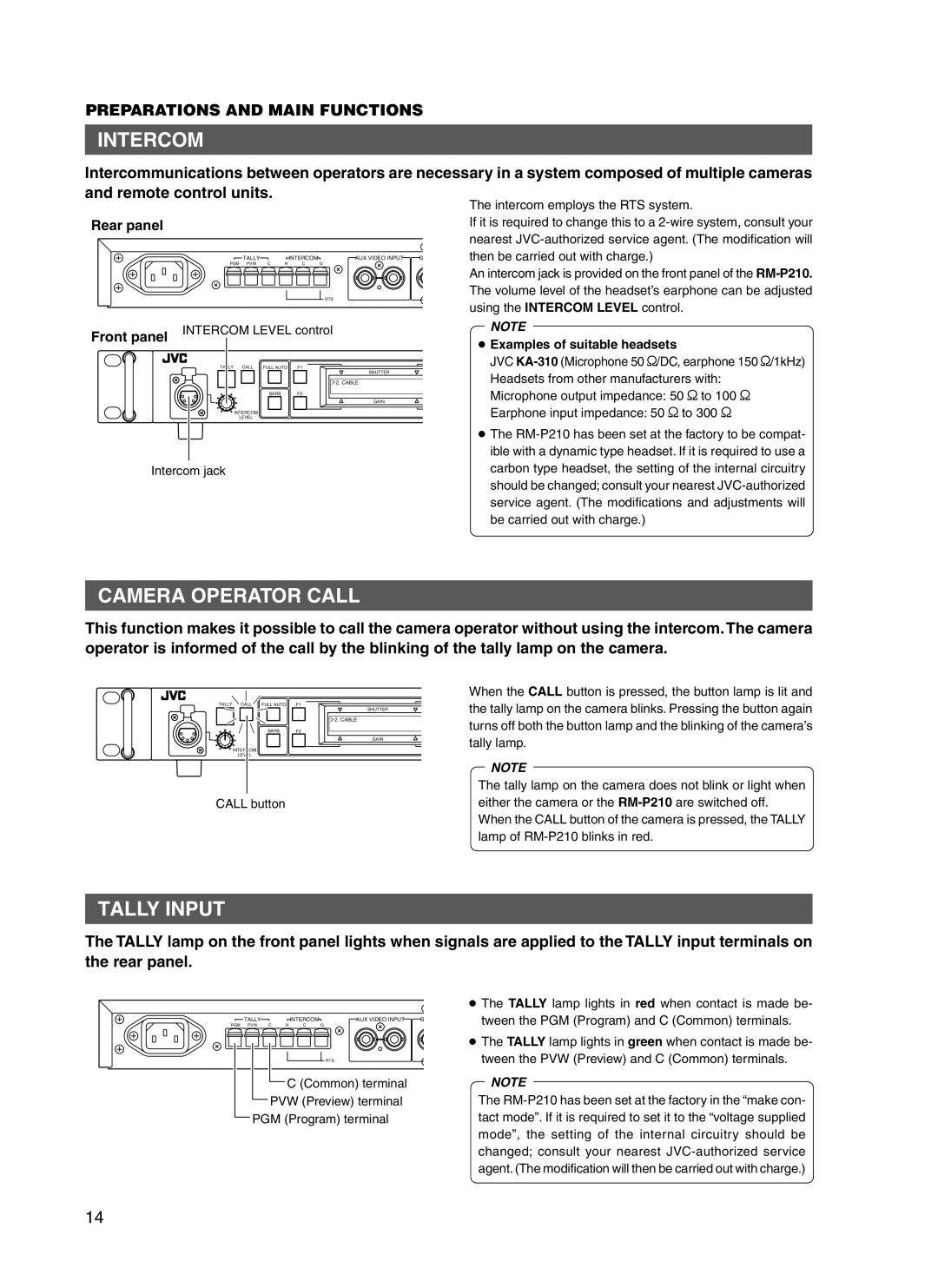 JVC RM-P210 manual Intercom, Camera Operator Call, Tally Input, Rear panel, Front panel 
