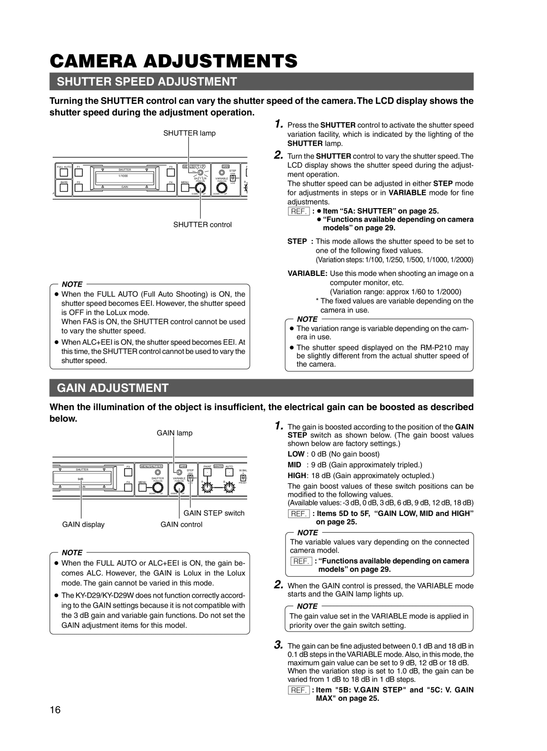 JVC RM-P210 manual Camera Adjustments, Shutter Speed Adjustment, Gain Adjustment 