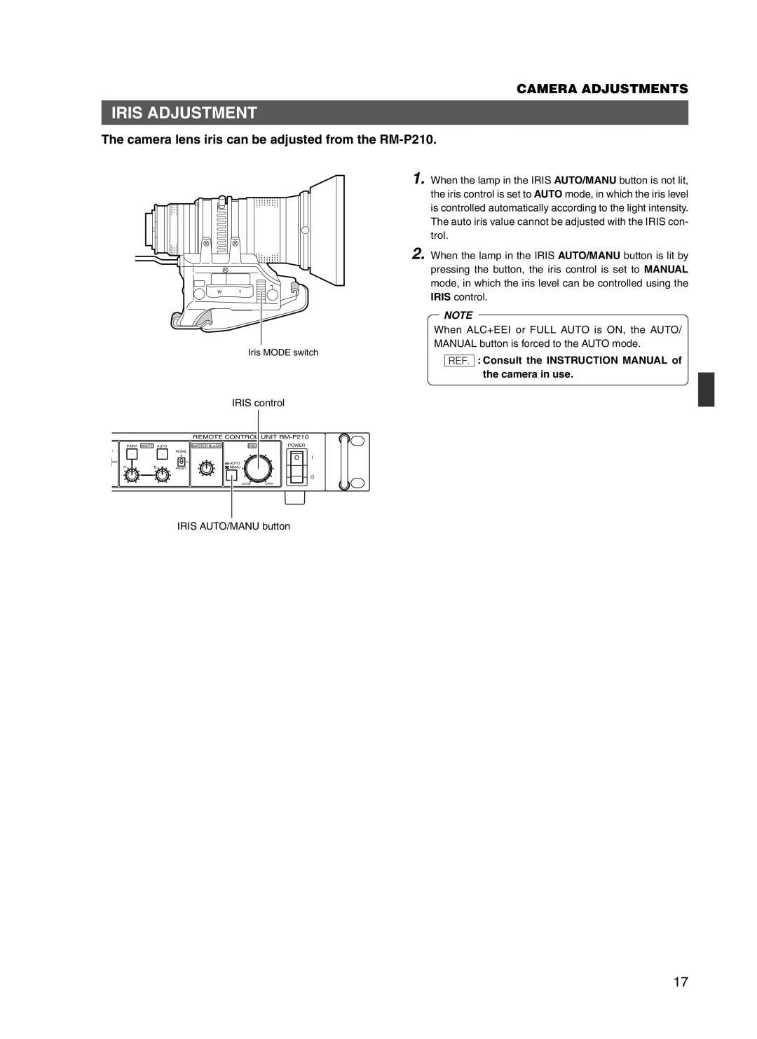 JVC manual Iris Adjustment, Camera lens iris can be adjusted from the RM-P210 