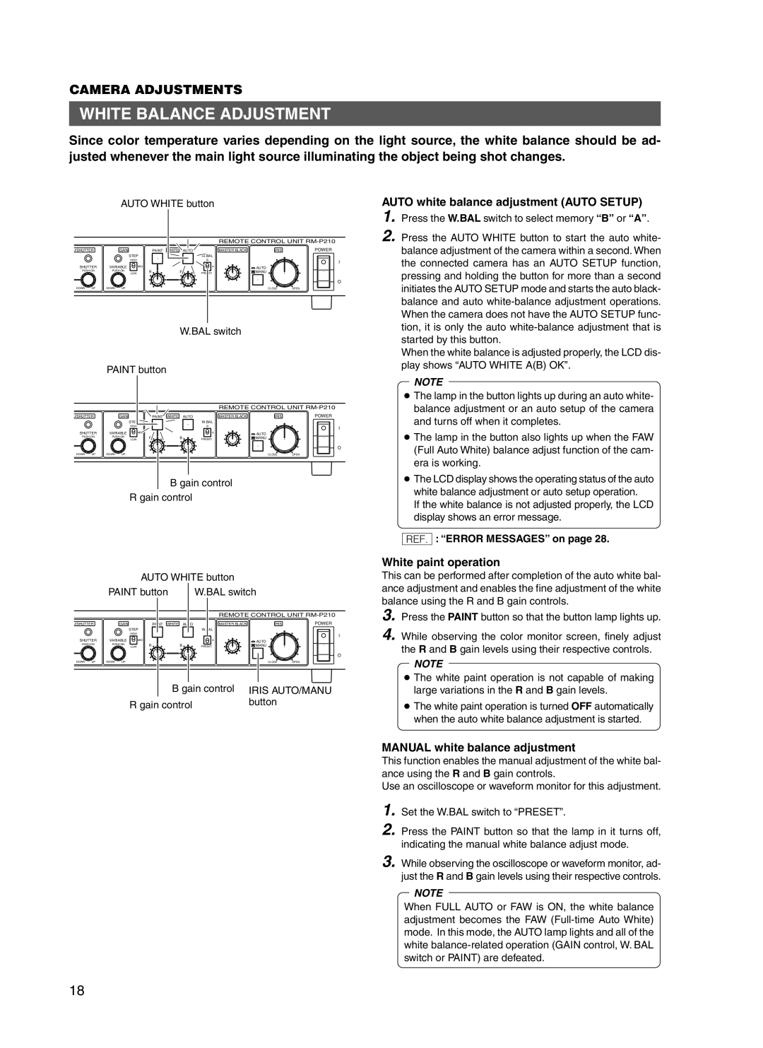 JVC RM-P210 manual White Balance Adjustment, Auto white balance adjustment Auto Setup, White paint operation 