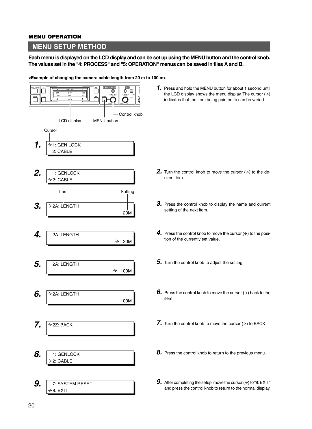 JVC RM-P210 manual Menu Setup Method, System Reset 8 Exit 