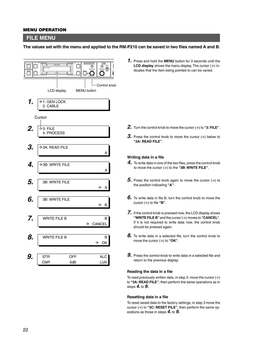 JVC RM-P210 manual File Menu, Writing data in a file, Reading the data in a file, Resetting data in a file 