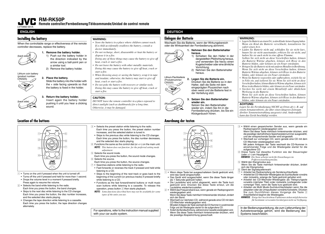 JVC RM-RK50P instruction manual Warnung, Achtung 