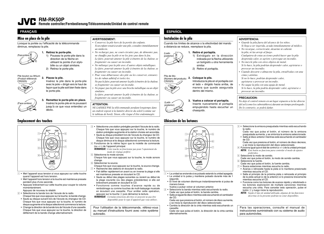 JVC RM-RK50P instruction manual Avertissement, Advertencia, Precaucion 