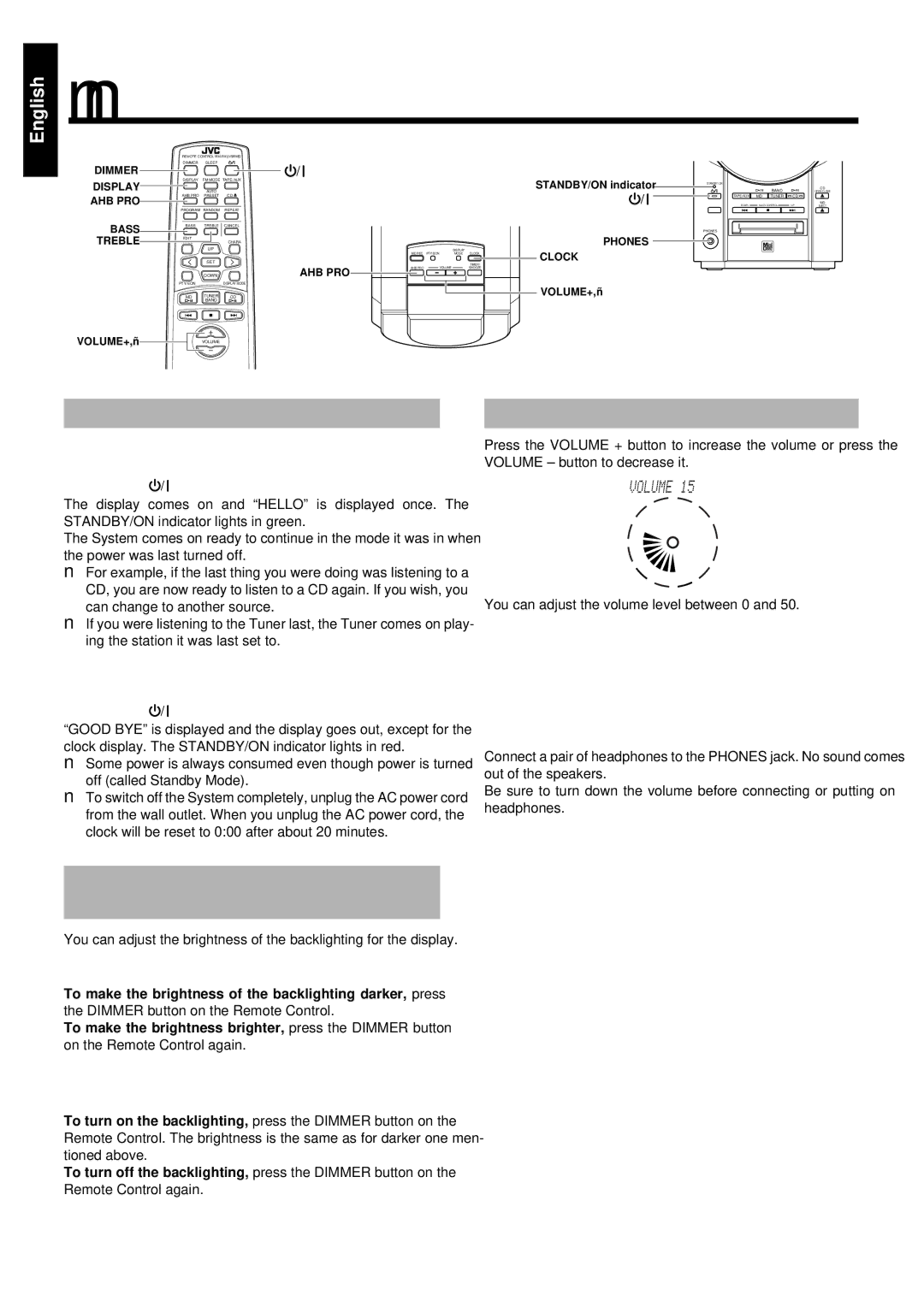 JVC RM-RXUV9RMD Common Operations, Turning the Power On and Off, Adjusting the Brightness Dimmer, Adjusting the Volume 