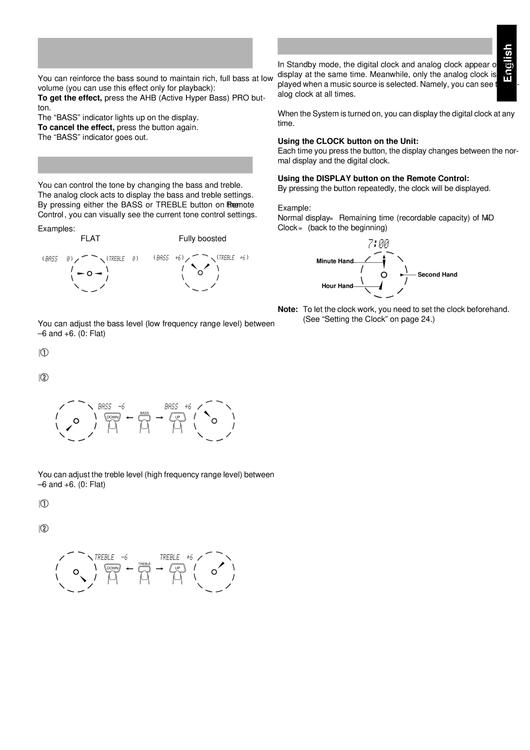 JVC RM-RXUV9RMD manual Reinforcing the Bass Sound AHB PRO, Tone Control BASS/TREBLE, Showing the Time Display, Bass Control 