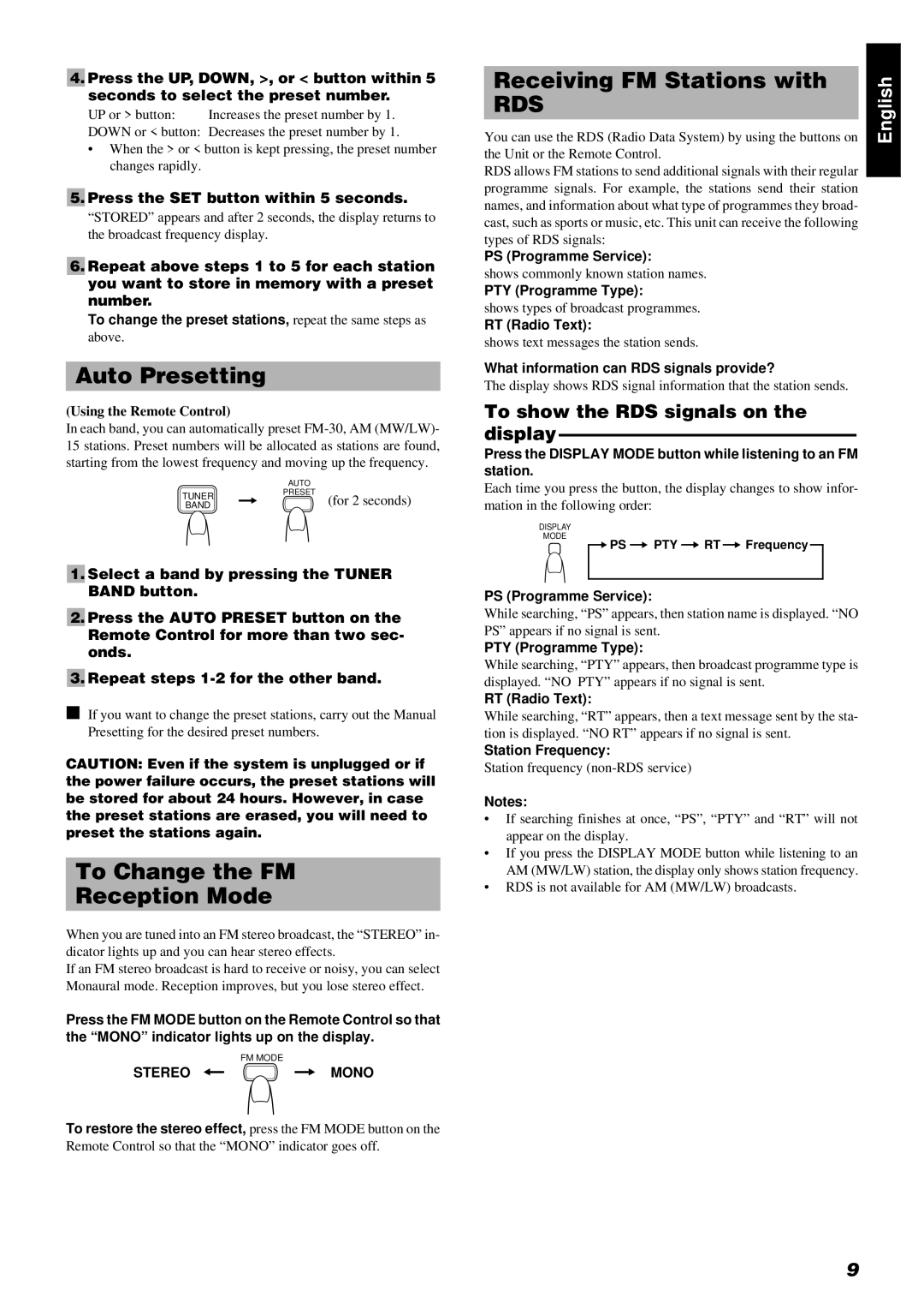 JVC RM-RXUV9RMD manual Auto Presetting, To Change the FM Reception Mode, Receiving FM Stations with 