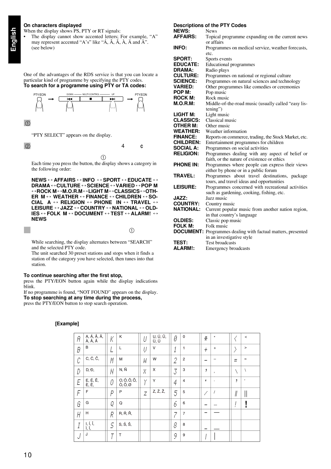 JVC RM-RXUV9RMD manual To search for a programme by PTY, Codes, Press the PTY/EON button within 10 sec- onds again 