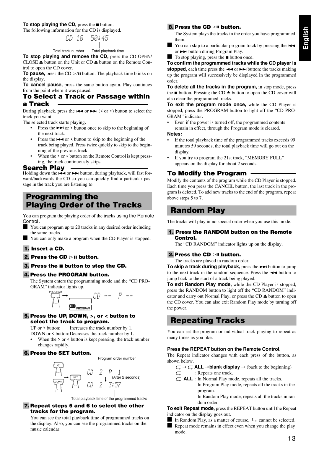 JVC RM-RXUV9RMD manual Programming Playing Order of the Tracks, Random Play, Repeating Tracks 