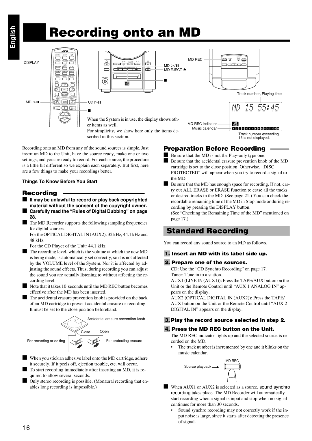 JVC RM-RXUV9RMD Recording onto an MD, Standard Recording, Preparation Before Recording, Things To Know Before You Start 