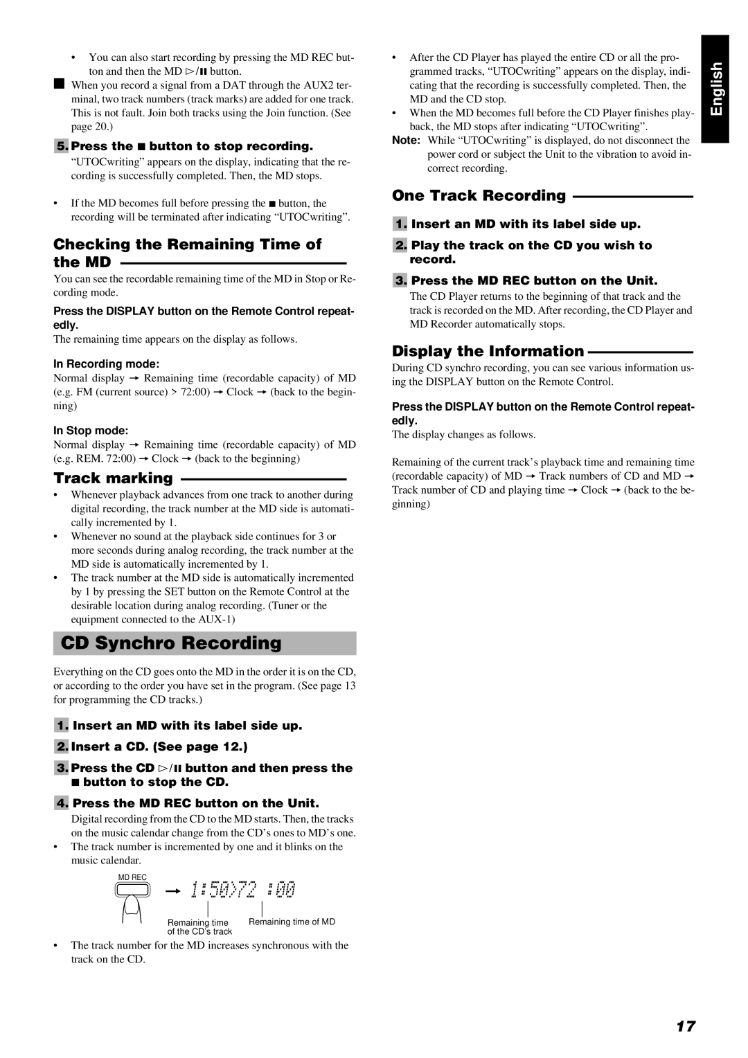 JVC RM-RXUV9RMD manual CD Synchro Recording, Checking the Remaining Time of the MD, Track marking, One Track Recording 