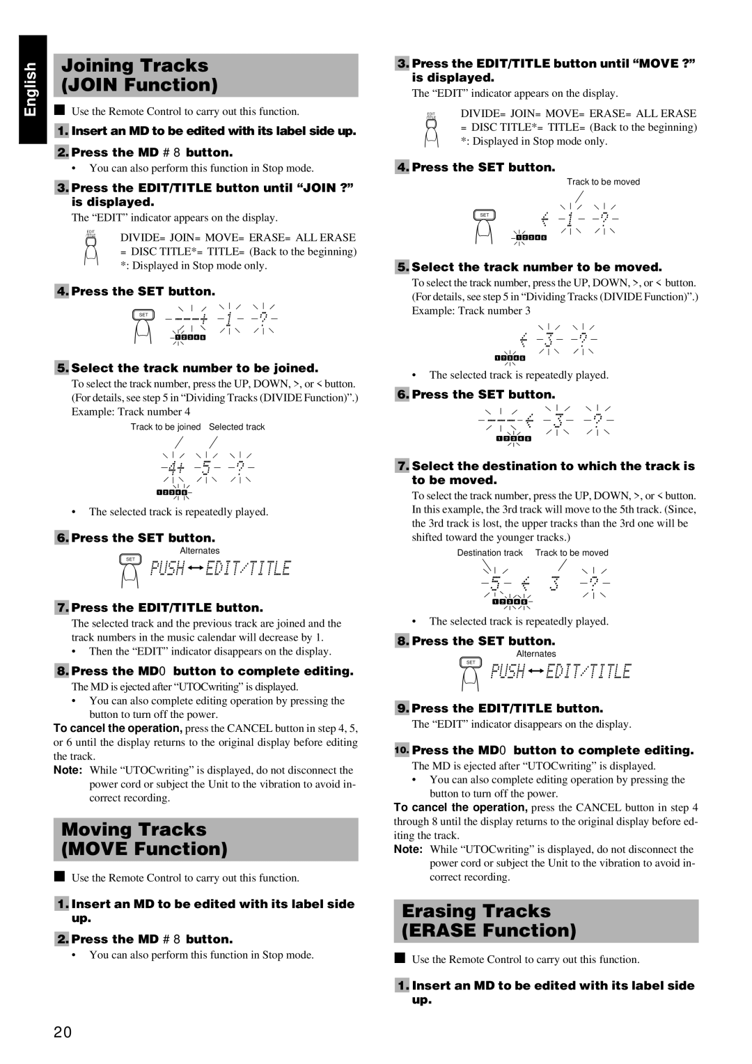 JVC RM-RXUV9RMD manual Joining Tracks Join Function, Moving Tracks Move Function, Erasing Tracks Erase Function 