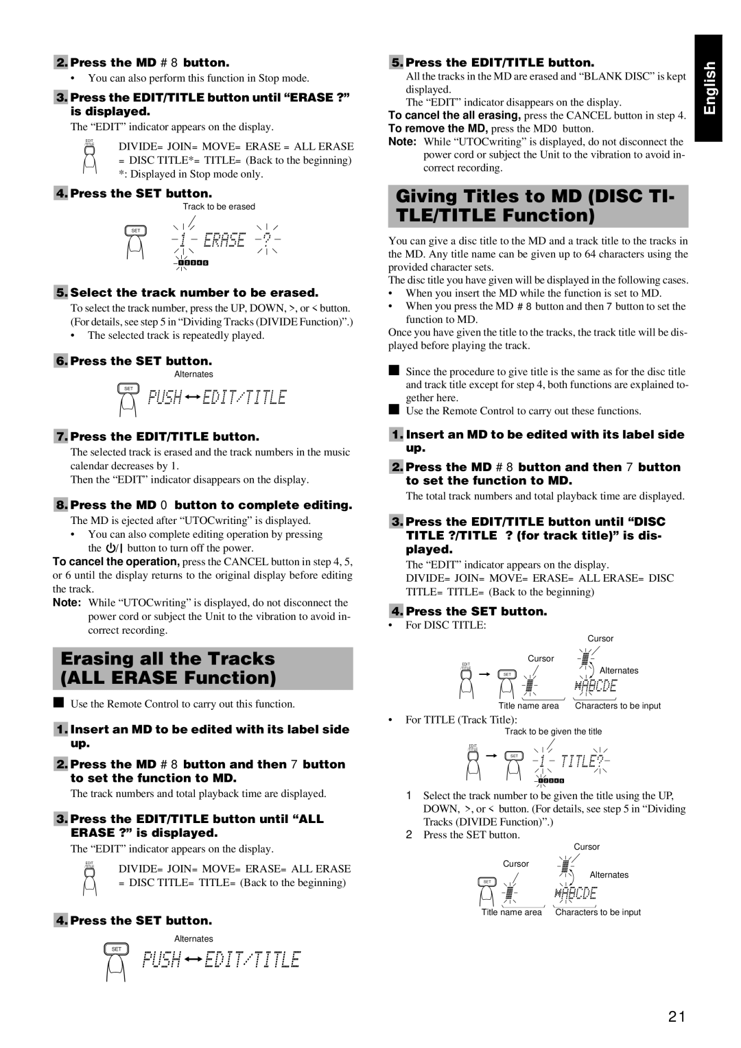 JVC RM-RXUV9RMD manual Erasing all the Tracks ALL Erase Function, Giving Titles to MD Disc TI- TLE/TITLE Function 