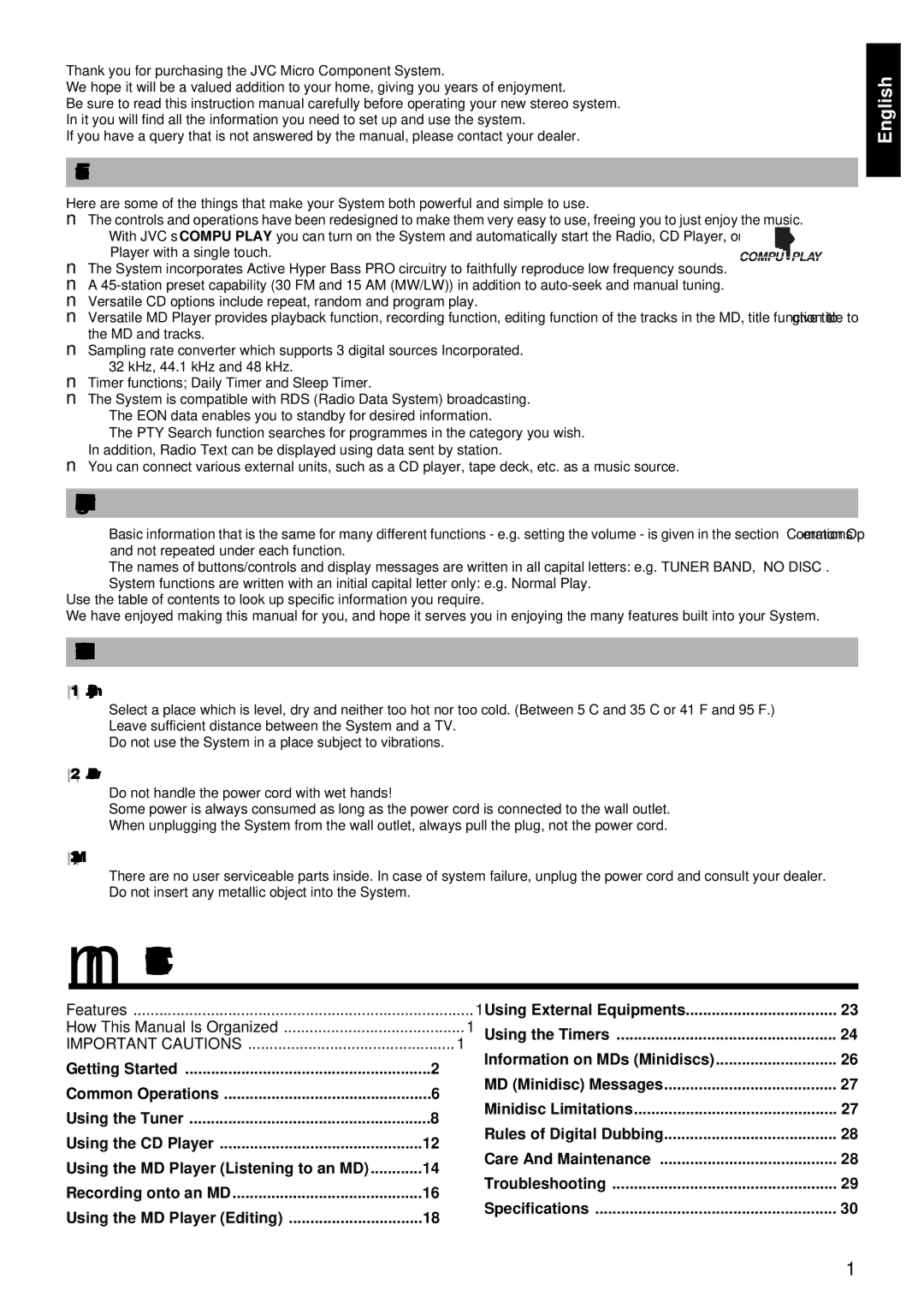 JVC RM-RXUV9RMD manual Table of Contents 