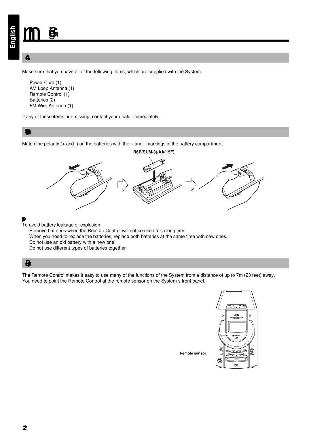 JVC RM-RXUV9RMD manual Getting Started, Accessories, How To Put Batteries In the Remote Control, Using the Remote Control 