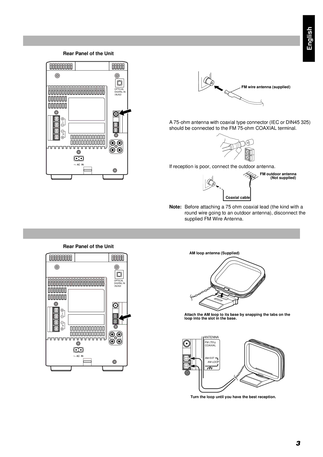 JVC RM-RXUV9RMD manual Connecting the FM Antenna, Connecting the AM MW/LW Antenna, Using the Supplied Wire Antenna 