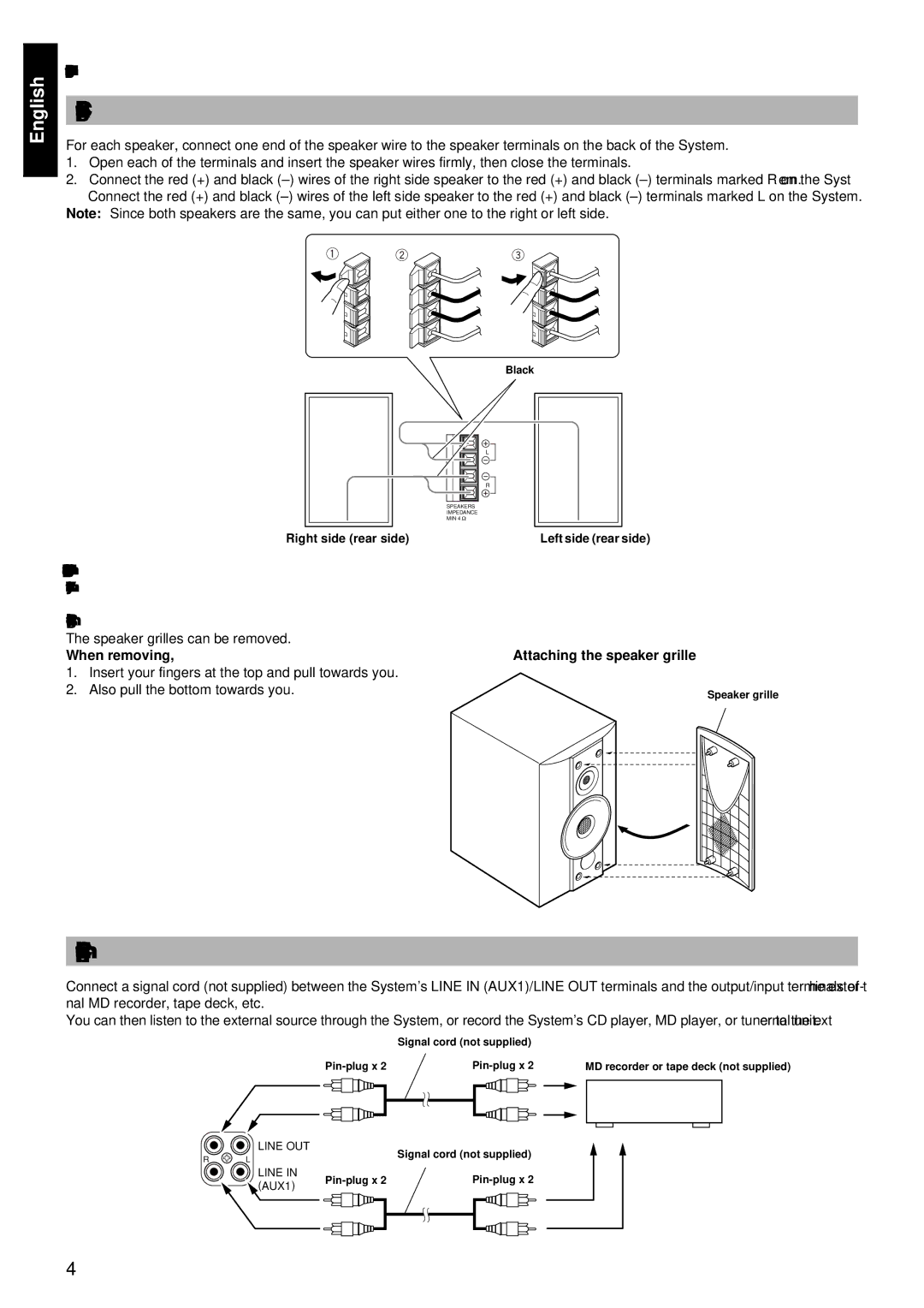 JVC RM-RXUV9RMD manual Connecting the Speakers, Connecting External Equipment, Removing the speaker grilles 