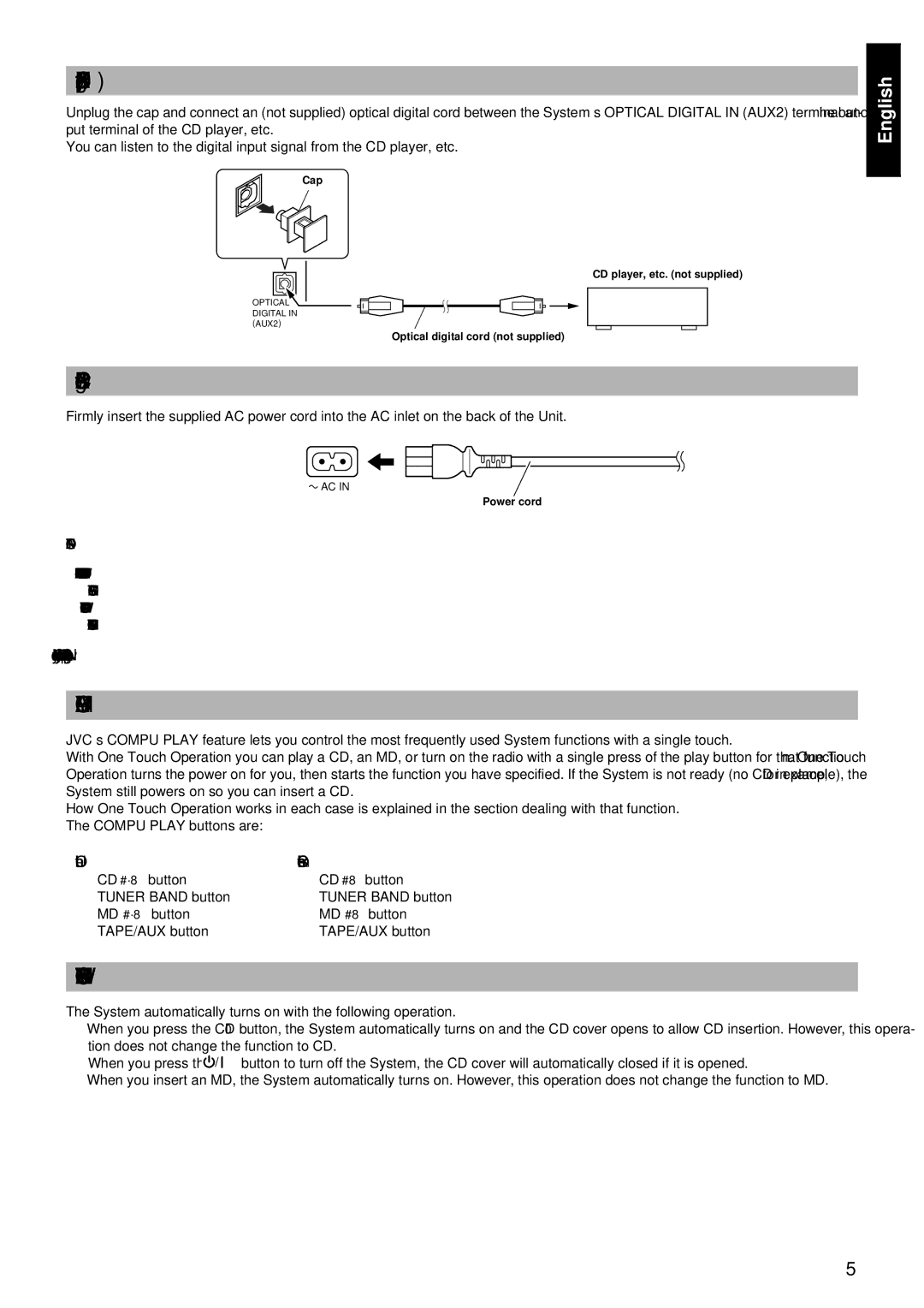 JVC RM-RXUV9RMD manual Connecting a CD Player, etc Digital Input AUX2, Connecting the AC Power Cord 