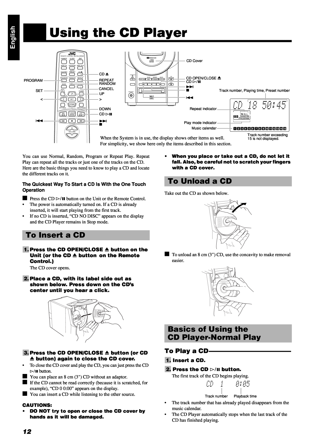 JVC RM-RXUV9RMD manual To Insert a CD, To Unload a CD, Basics of Using the CD Player-NormalPlay, To Play a CD, Control 
