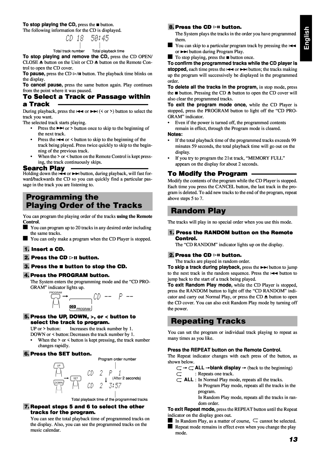 JVC RM-RXUV9RMD manual Programming the Playing Order of the Tracks, Random Play, Repeating Tracks, Search Play, English 