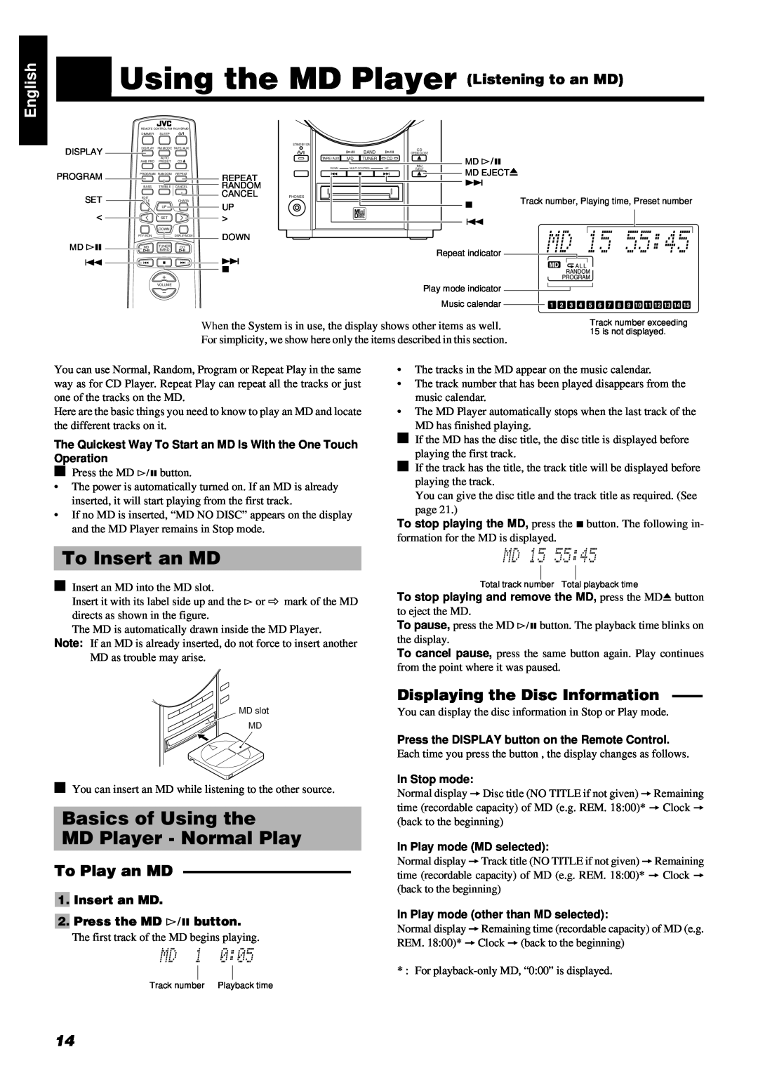 JVC RM-RXUV9RMD manual Using the MD Player Listening to an MD, To Insert an MD, Basics of Using the MD Player - Normal Play 