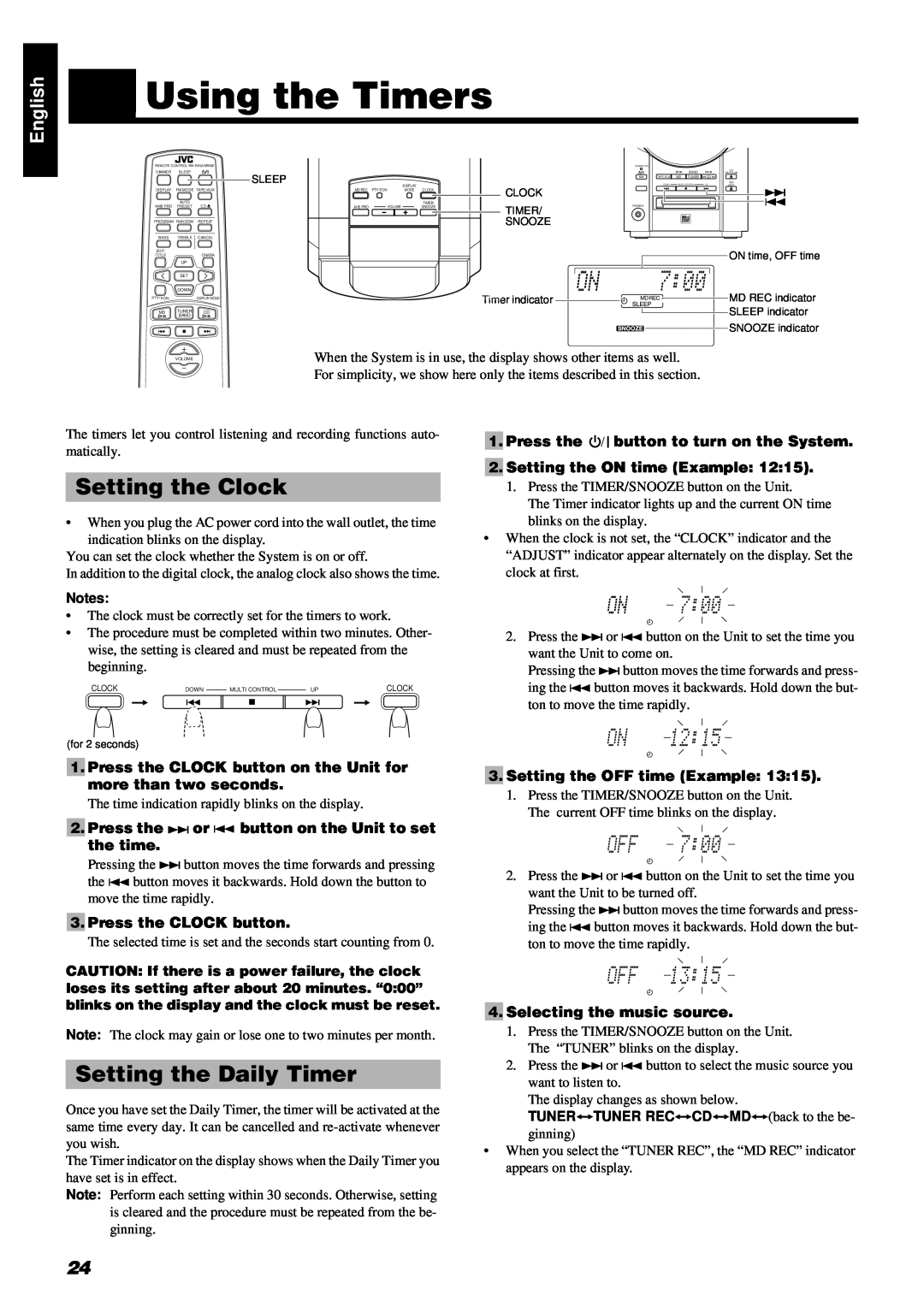 JVC RM-RXUV9RMD manual Using the Timers, Setting the Clock, Setting the Daily Timer, Press the CLOCK button, English 