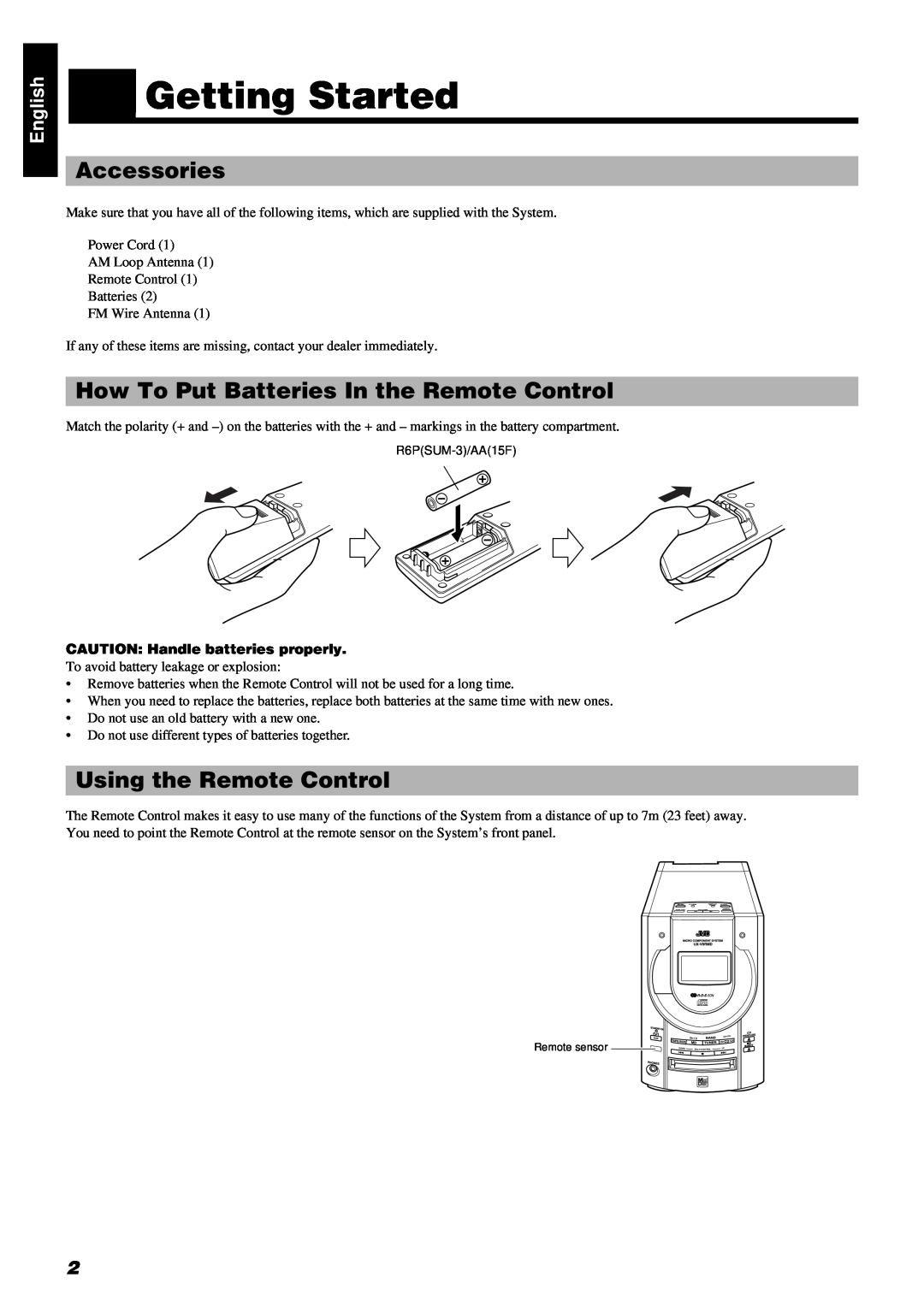 JVC RM-RXUV9RMD manual Getting Started, Accessories, How To Put Batteries In the Remote Control, Using the Remote Control 