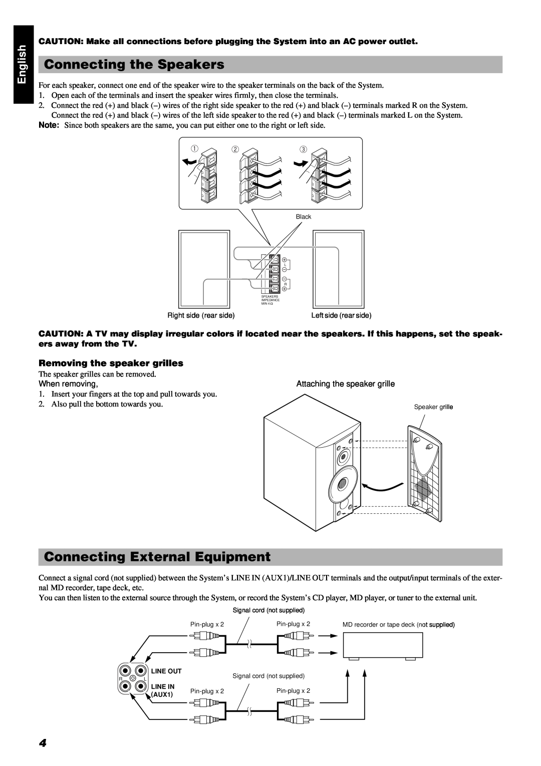 JVC RM-RXUV9RMD manual Connecting the Speakers, Connecting External Equipment, Removing the speaker grilles, English 
