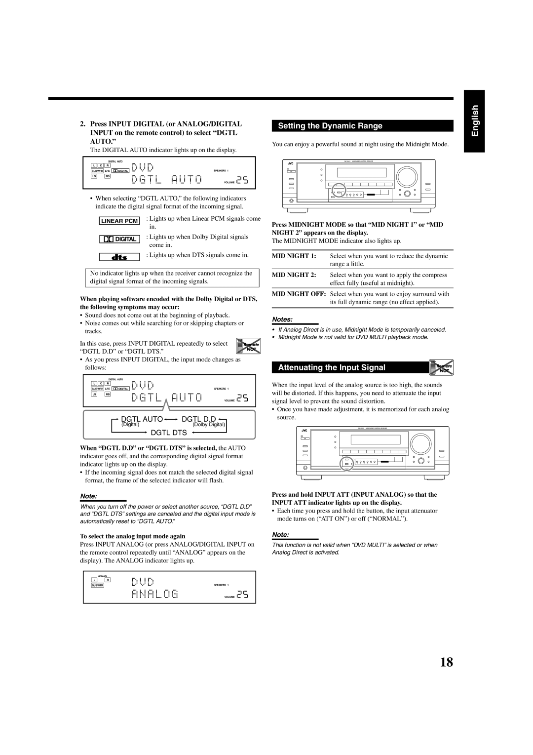 JVC LVT1007-005A, RM-SRX7032U, 0303NHMMDWJEIN, RX-7032V Setting the Dynamic Range, To select the analog input mode again 