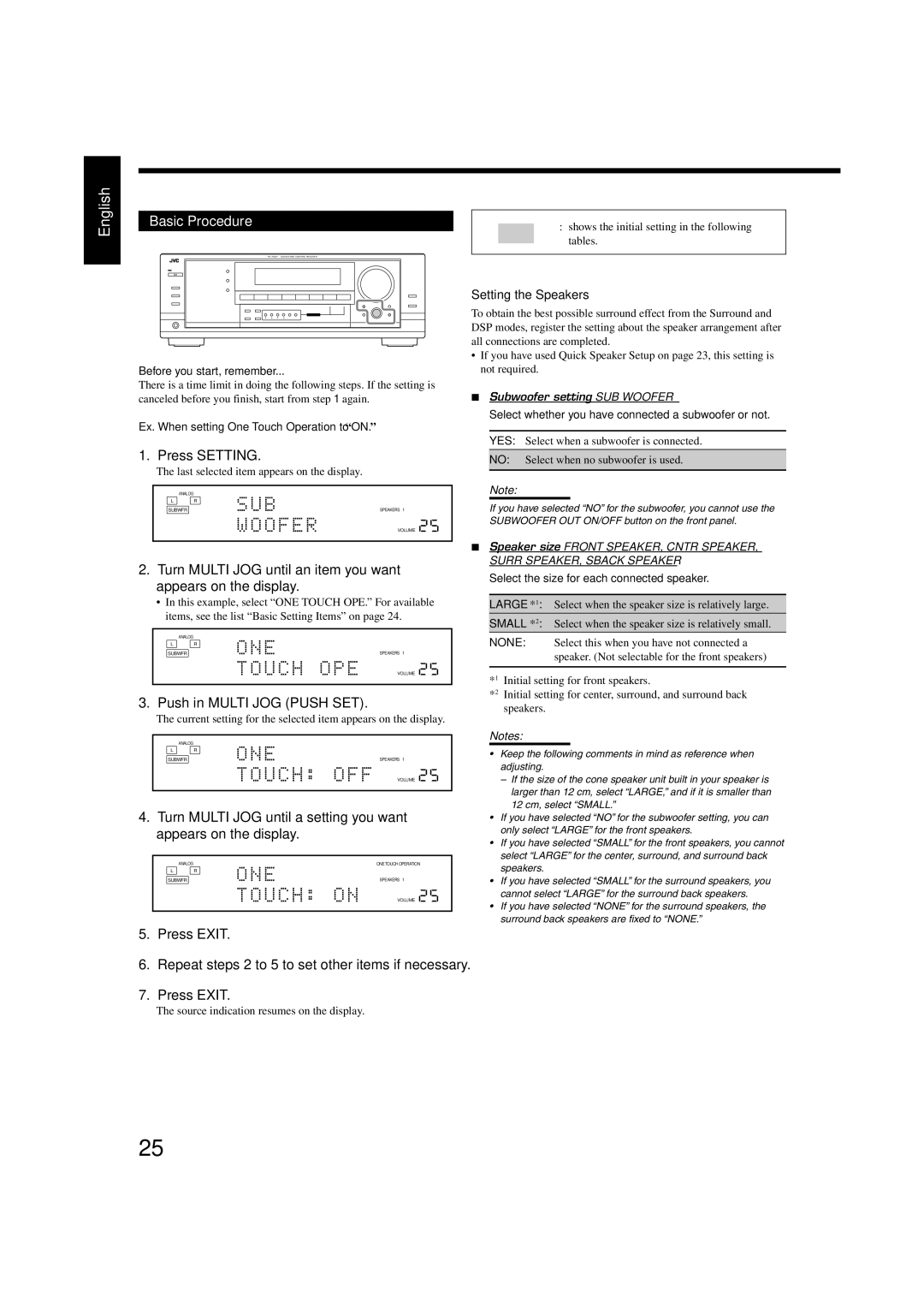 JVC RM-SRX7032U, LVT1007-005A Basic Procedure, Press Setting, Push in Multi JOG Push SET, Press Exit, Setting the Speakers 