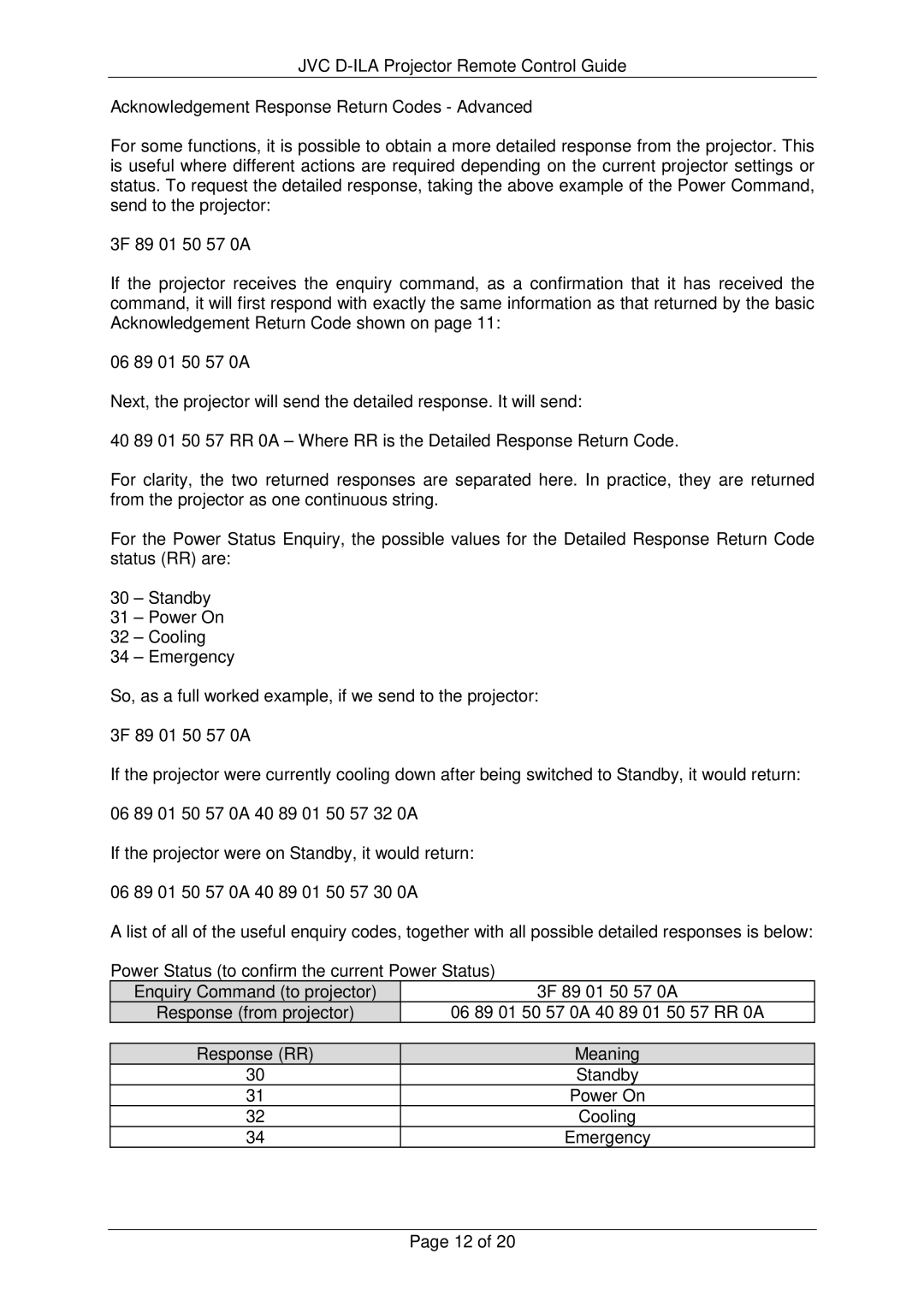 JVC RS-232C manual Acknowledgement Response Return Codes Advanced, Power Status to confirm the current Power Status 