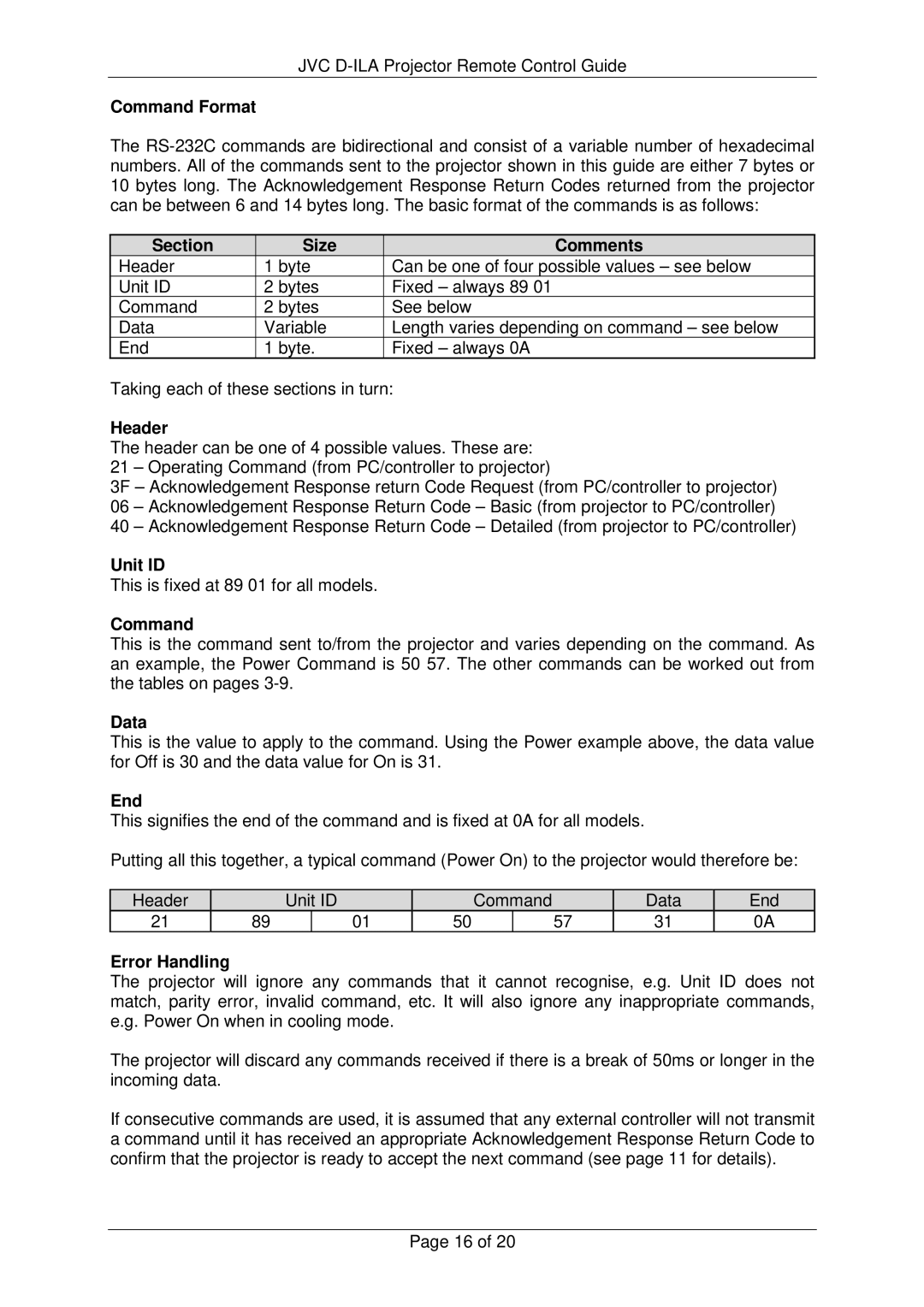 JVC RS-232C manual Command Format, Section Size Comments, Header, Unit ID, Data, End, Error Handling 