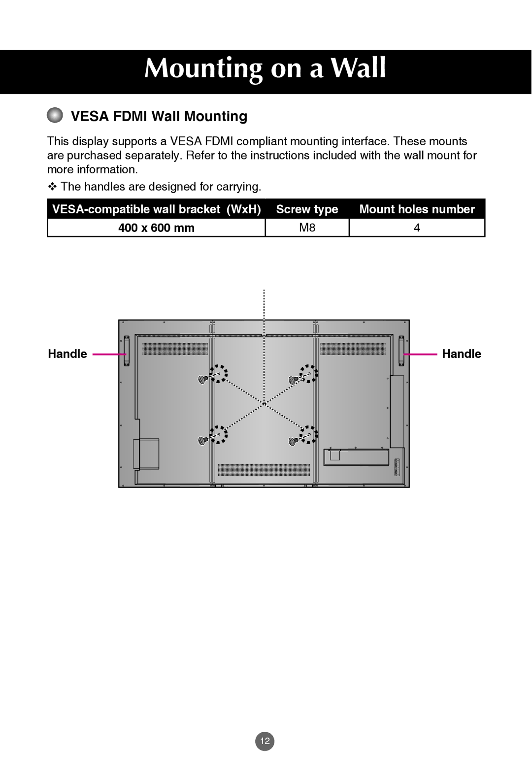 JVC rs-840UD owner manual Mounting on a Wall, Vesa Fdmi Wall Mounting, Handle 