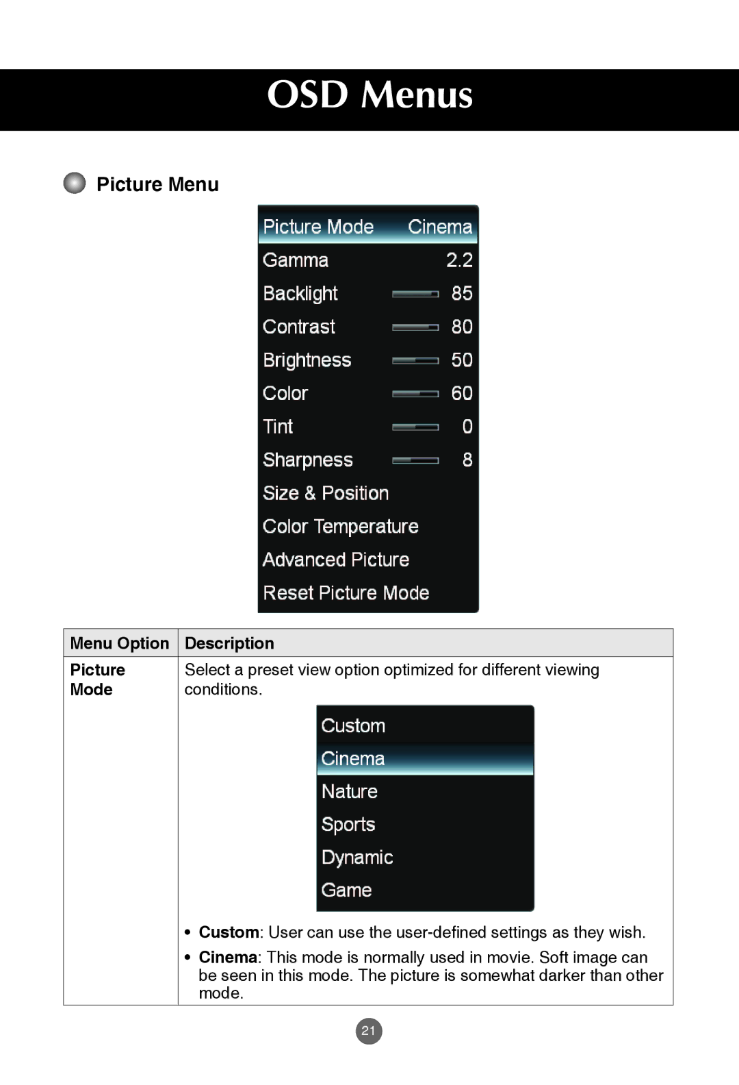 JVC rs-840UD owner manual Picture Menu 