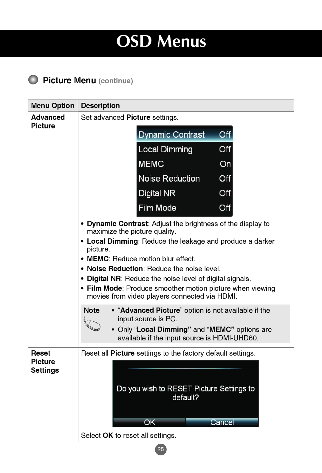 JVC rs-840UD owner manual Reset, Picture Settings 