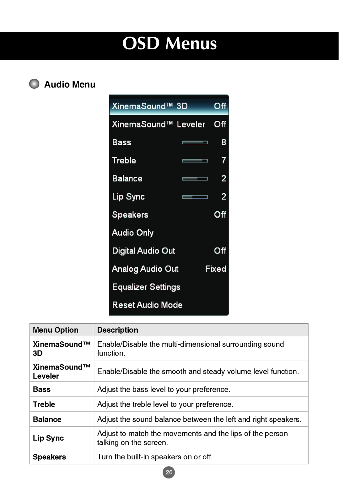 JVC rs-840UD owner manual Audio Menu 