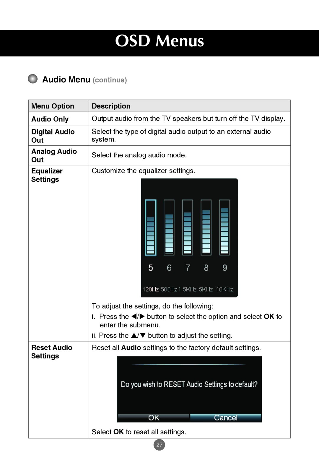 JVC rs-840UD owner manual Audio Menu continue, Reset Audio 