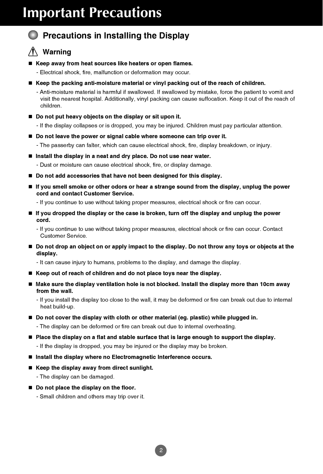 JVC rs-840UD owner manual Precautions in Installing the Display, Do not put heavy objects on the display or sit upon it 