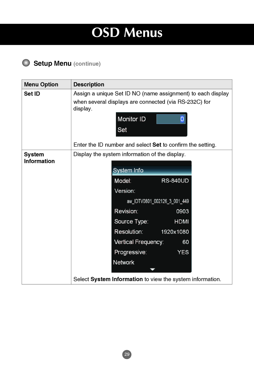 JVC rs-840UD owner manual Setup Menu continue, Menu Option Description Set ID, Information 