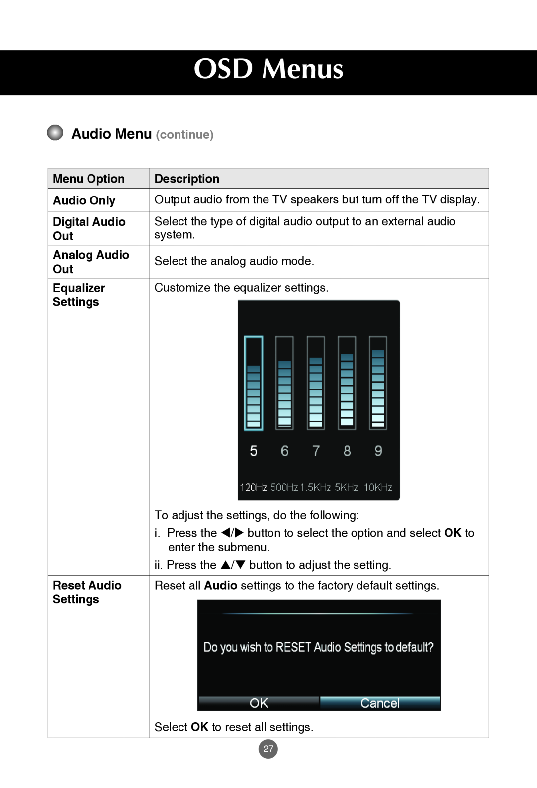 JVC rs-840UD owner manual Audio Menu continue, OSD Menus 