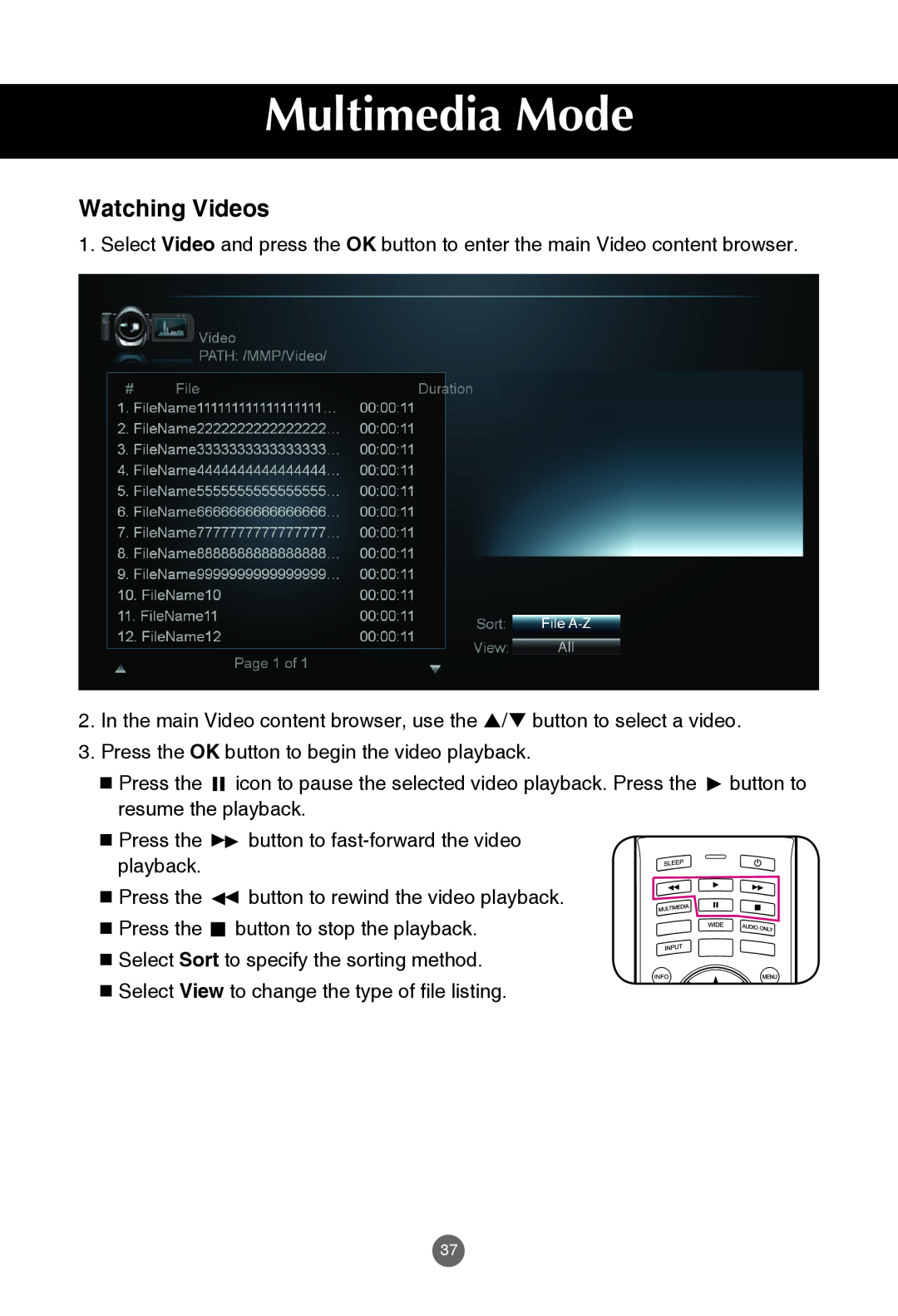 JVC rs-840UD owner manual Watching Videos, Multimedia Mode 
