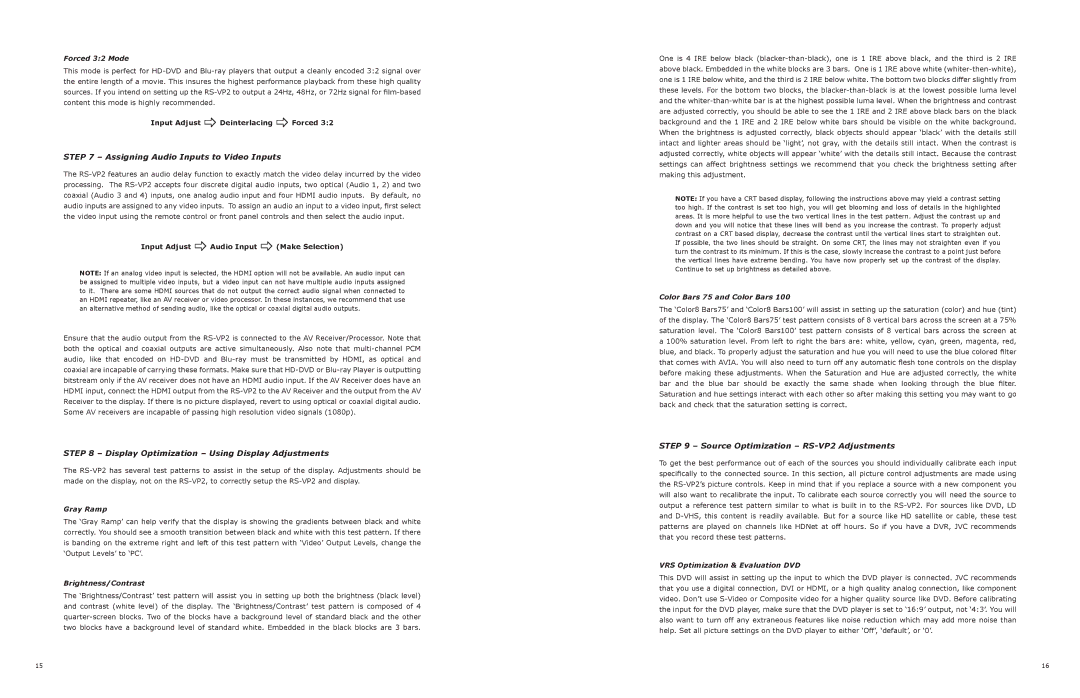 JVC RS-VP2 manual Assigning Audio Inputs to Video Inputs, Display Optimization Using Display Adjustments 