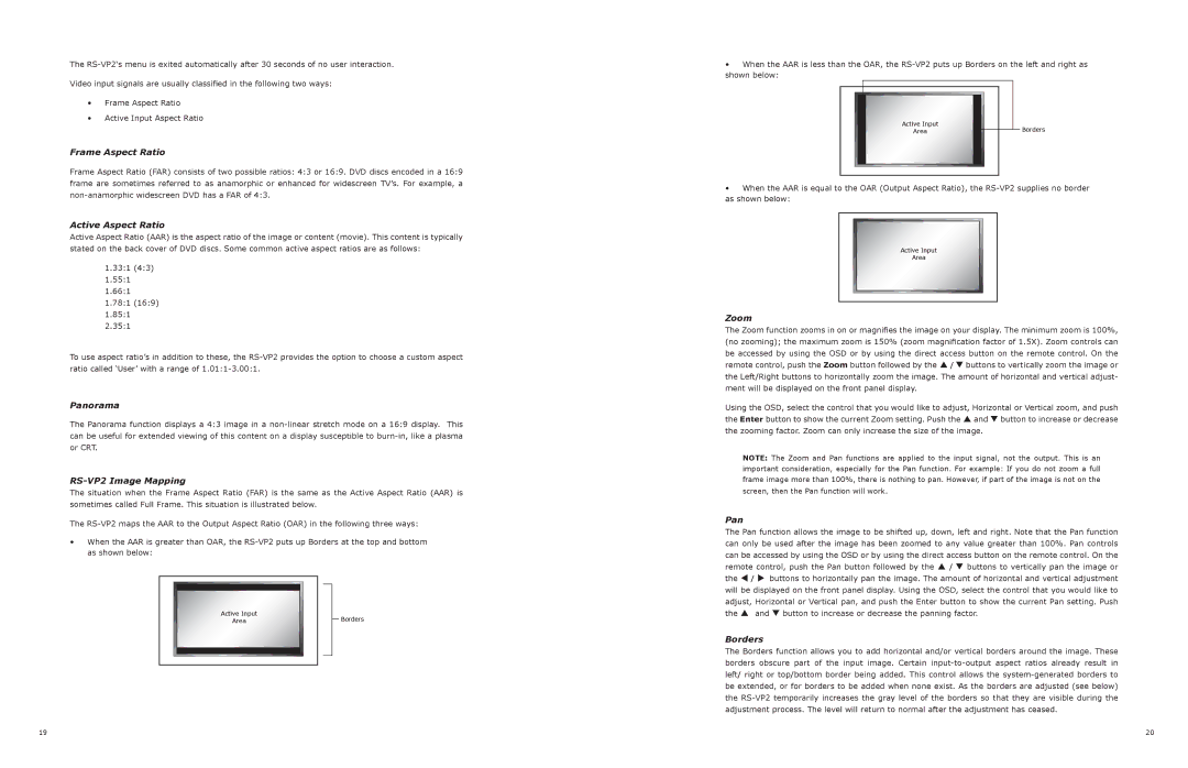 JVC manual Frame Aspect Ratio, Active Aspect Ratio, Panorama, RS-VP2 Image Mapping, Zoom, Borders 