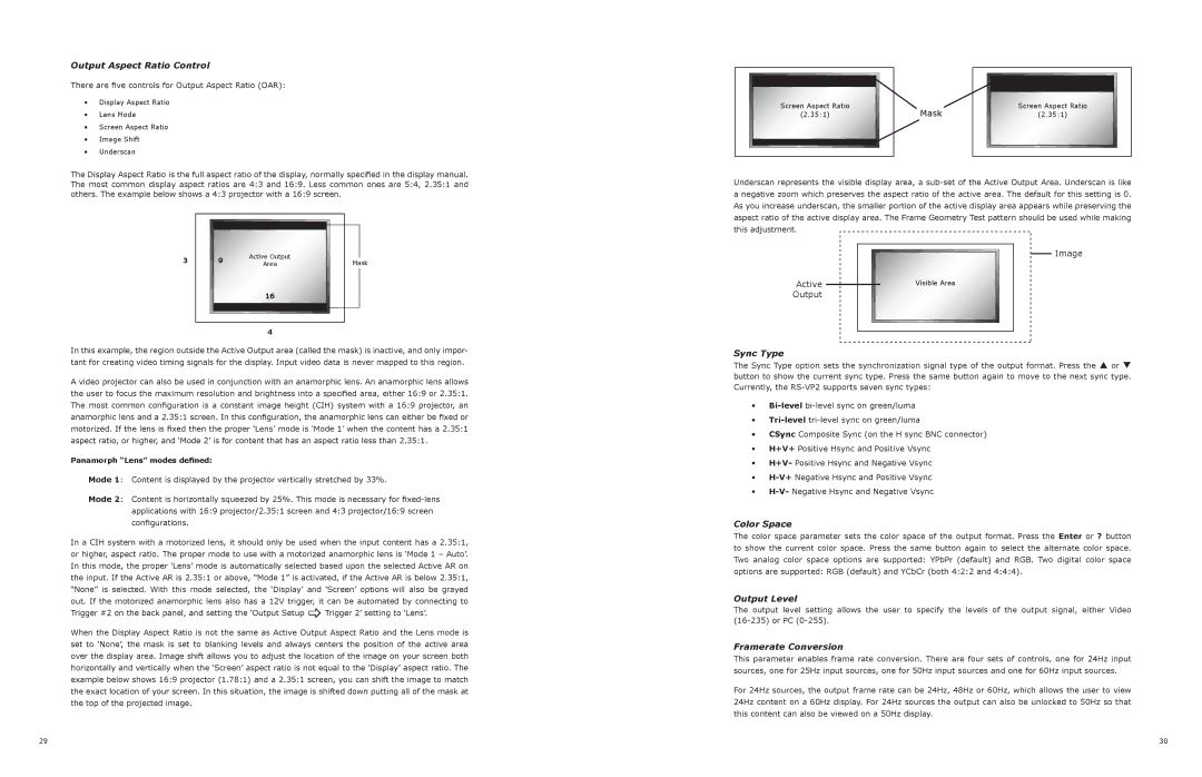 JVC RS-VP2 manual Output Aspect Ratio Control, Sync Type, Output Level, Framerate Conversion 