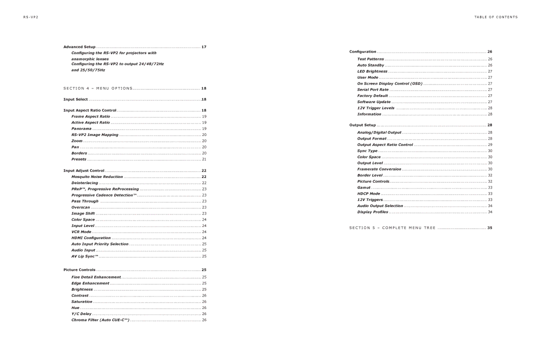 JVC RS-VP2 manual Advanced Setup, Input Adjust Control, Picture Controls, Configuration, Output Setup 